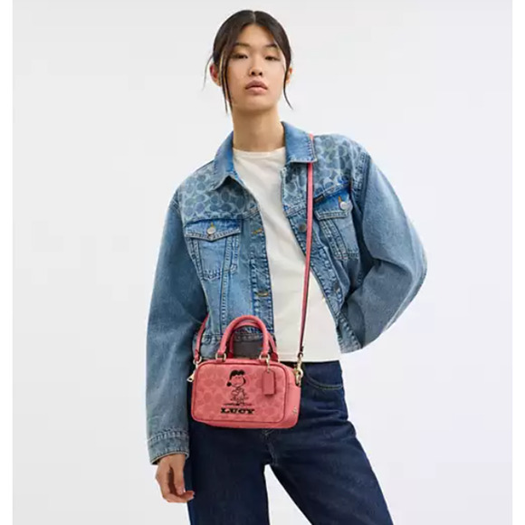 Coach X Peanuts Satchel Crossbody Bag In Sig Canvas with Lucy In Coral CBJ62 NWT - Picture 8 of 10